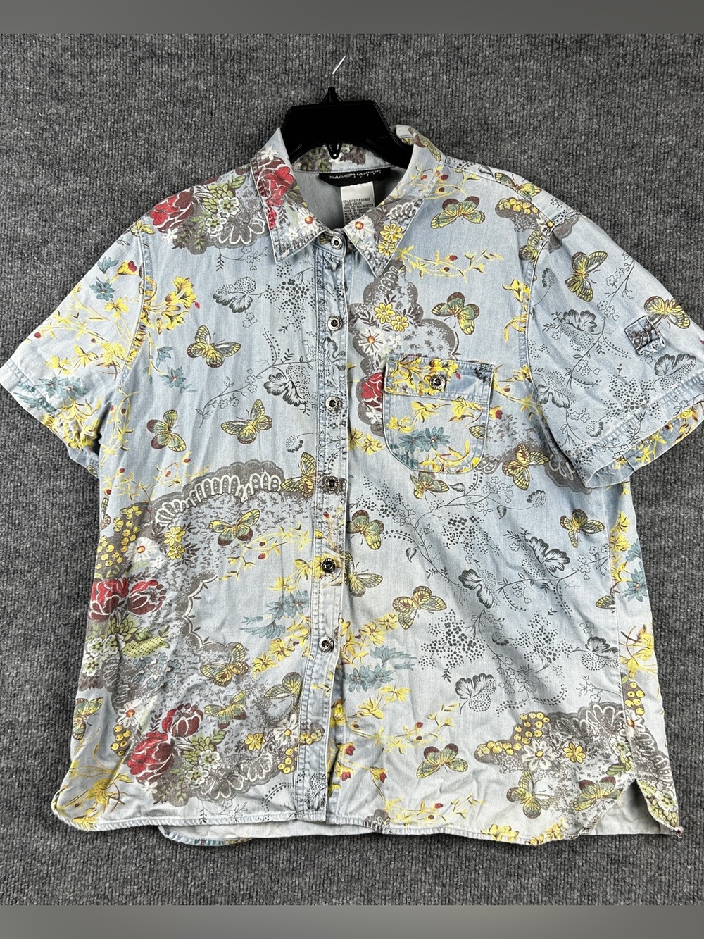 Vintage Sag Harbor Sport Floral Butterfly Chambray Denim Button Down Shirt L